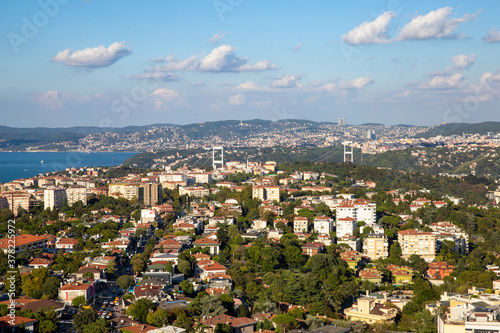 High angle aerial view of houses in Etiler region of Besiktas district and Bosphorus on the background, Istanbul, Turkey. photo