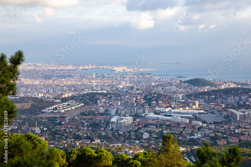 High angle aerial view of Pendik district and Tuzla Shipyard in the background.