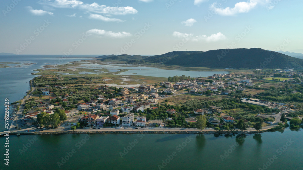Aerial drone view of the famous island - fishing village of Aitoliko in Aetolia - Akarnania, Greece situated in the middle of Messolongi archipelago known as the Little Venice of Greece