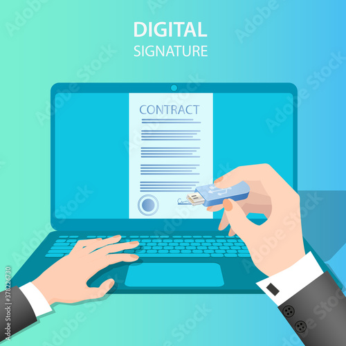 A businessman signs a contract using an electronic signature.Businessman's hands flash drive and document.Business activity concept of successful negotiations and agreements.Flat vector illustration.