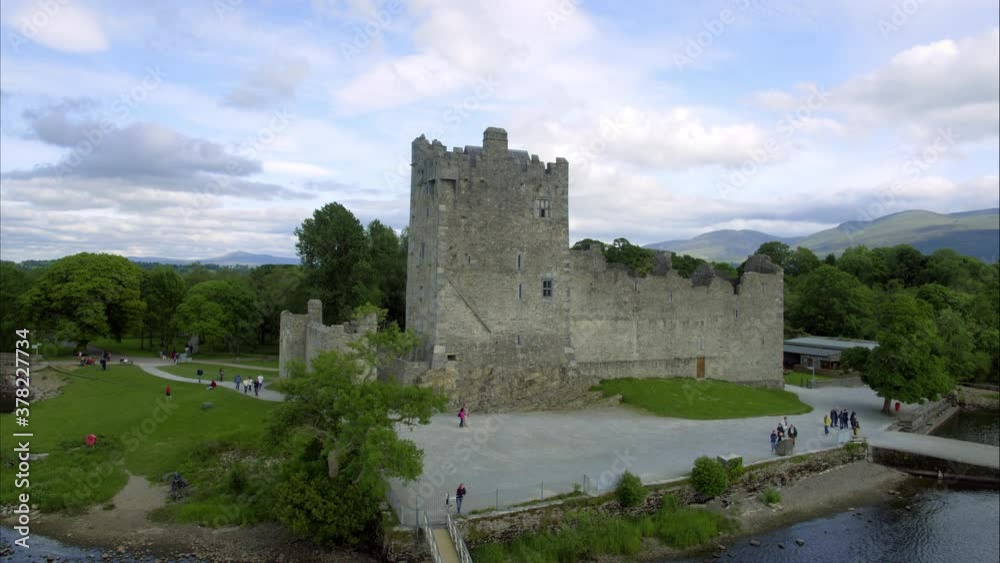 Panning aerial, castle landmark in Ireland Panning aerial, castle landmark in Ireland