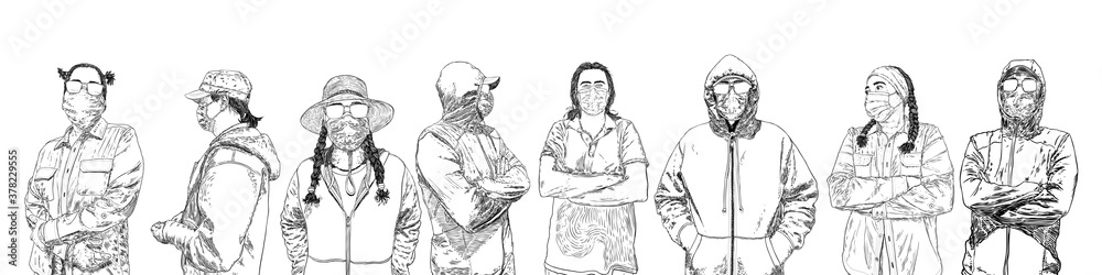 New Normal social concept. Composition of Crowd of men and women wearing protection from coronavirus COVID-19 virus and urban air pollution. People in protective medical face masks. Hand drawn Vector. New Normal social concept. Composition of Crowd of men and women wearing protection from coronavirus COVID-19 virus and urban air pollution. People in protective medical face masks. Hand drawn Vector.
