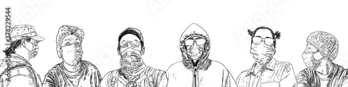 Second wave of Novel coronavirus COVID-19 new normal social concept. People in protective and medical face masks. Prevention and quarantine from infections, flu contaminated air pollution. Vector.