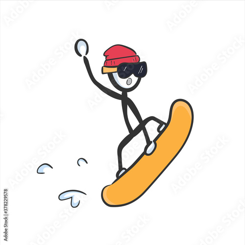 Snowboard jump big air ramp. Vector simple extreme sports. Stickman no face clipart cartoon. Hand drawn. Doodle sketch, graphic illustration