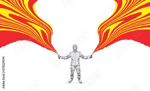 Black protestor with smoke bombs with red fire smoke. Demonstration activist in the mask and glasses at protest raised arms fists holding fires. Revolution, fight for your rights blm concept. Vector.
