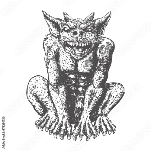 Demon vampire, human like monster creature chimera with fangs horns, and claws. Seating in aggressive position. Mystic and occult hand drawn engraved devil vector.