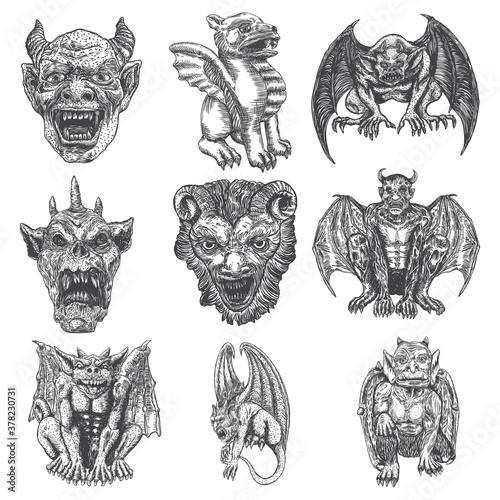 Set of mythological ancient creatures animals with bat like wings and horns. Mythical gargoyle with sharp fangs teeth and nails or claws in seating position. Engraved hand drawn sketch. Vector.