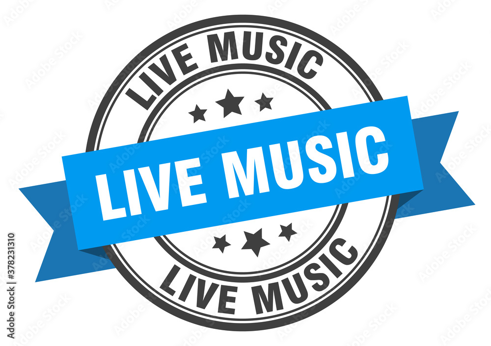 live music label sign. round stamp. band. ribbon