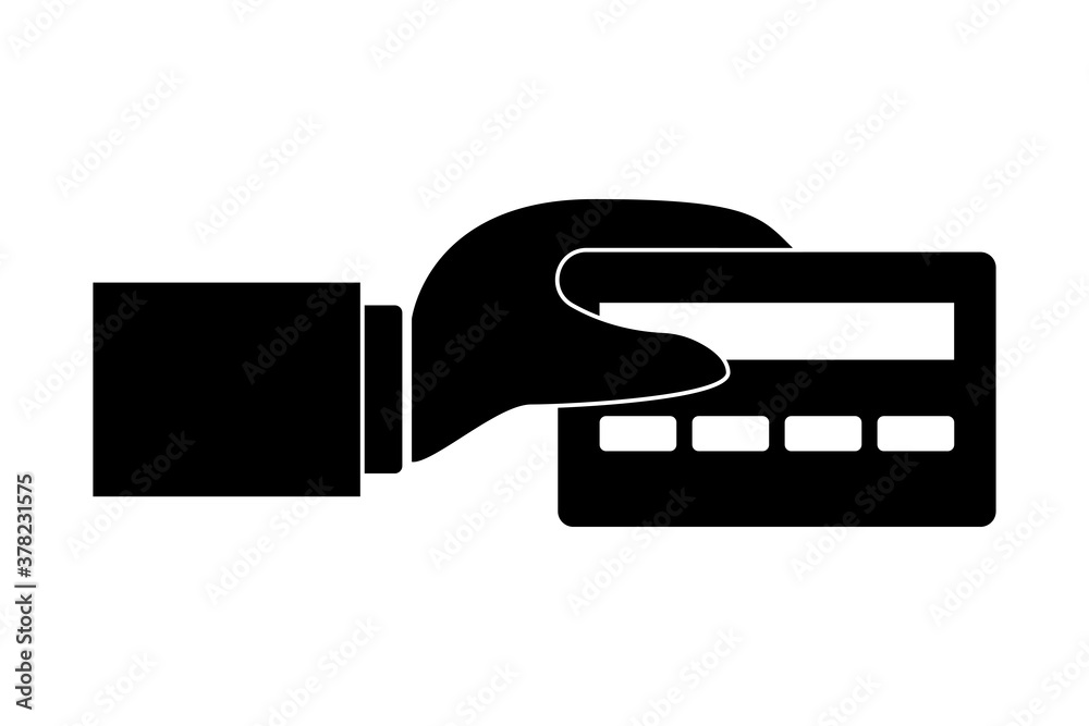 Arm and hand with a credit card black outline Arm and hand with a credit card black outline
