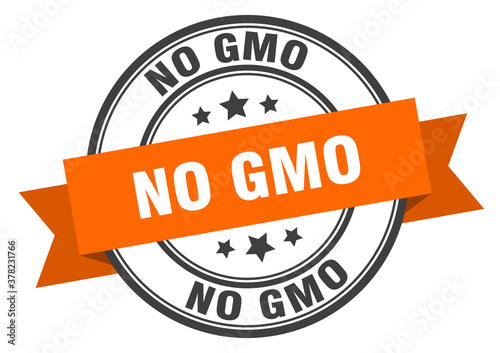 no gmo label sign. round stamp. band. ribbon