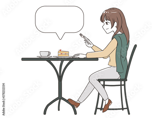 カフェでスイーツを楽しむ女性　吹き出し付き