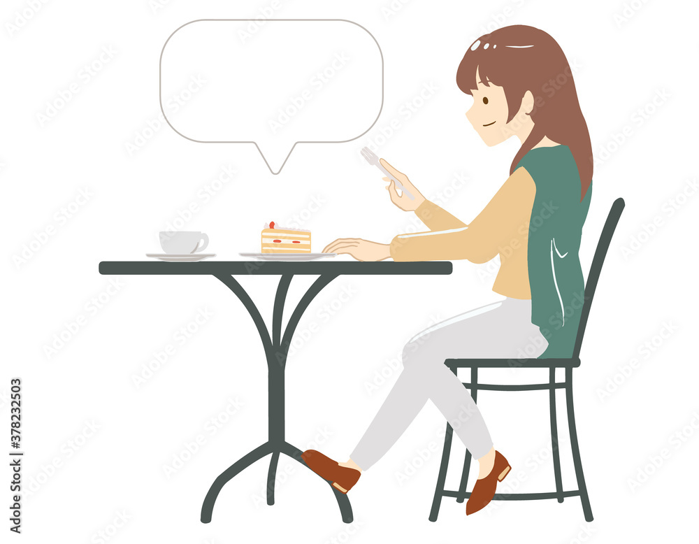 カフェでスイーツを楽しむ女性　吹き出し付き(線無し)