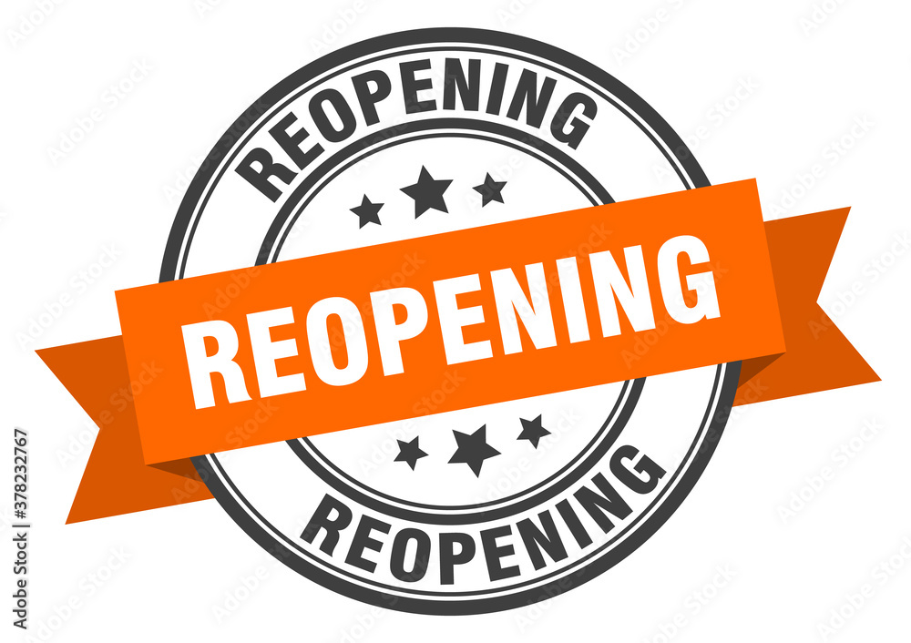 reopening label sign. round stamp. band. ribbon reopening label sign. round stamp. band. ribbon