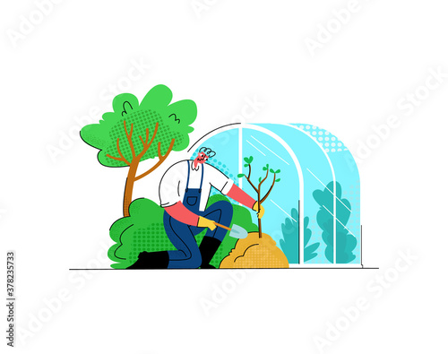Vector flat illustration of gardener who plants plant sprout. A bush, tree and greenhouse are shown in background. It can be used in web design, social networks, banners, etc.
