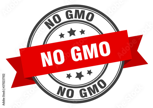 no gmo label sign. round stamp. band. ribbon