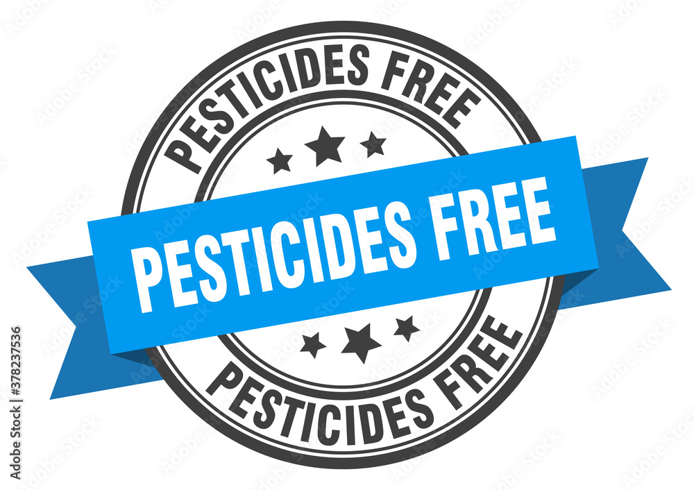 pesticides free label sign. round stamp. band. ribbon