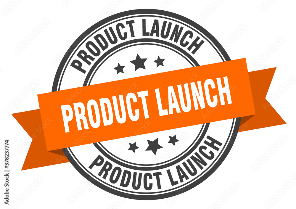 Fototapeta premium product launch label sign. round stamp. band. ribbon