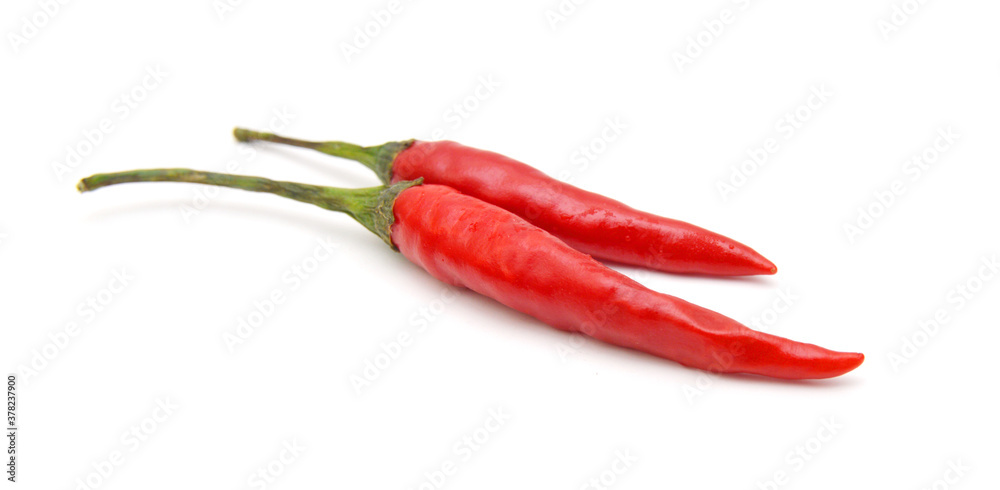 Stack red chili peppers and basil herb leaves on the white Stack red chili peppers and basil herb leaves on the white