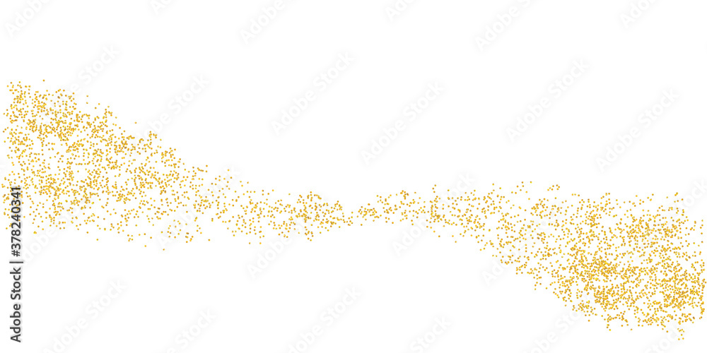 Horizontal wavy strip sprinkled with crumbs golden texture. Background Gold dust on a white background. Sand particles grain or sand. Vector backdrop golden path pieces grunge for design illustration - obrazy, fototapety, plakaty 