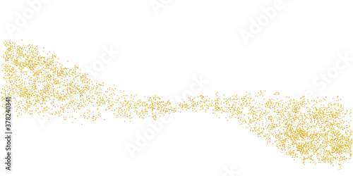 Horizontal wavy strip sprinkled with crumbs golden texture. Background Gold dust on a white background. Sand particles grain or sand. Vector backdrop golden path pieces grunge for design illustration