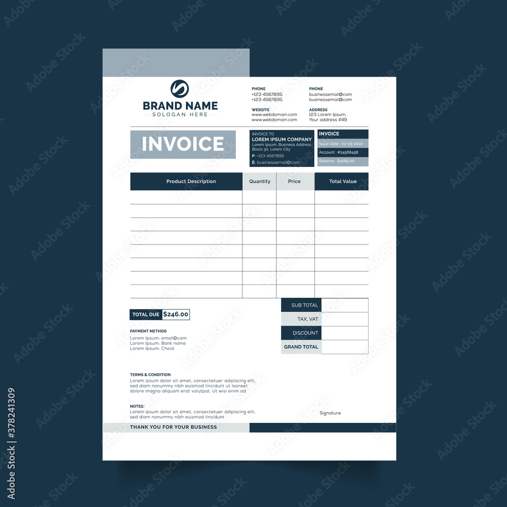 Obraz premium the clean and minimal black and white business invoice template vector format