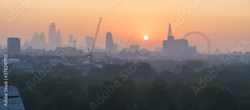 Misty London City Panorama sunrise aerial view 
