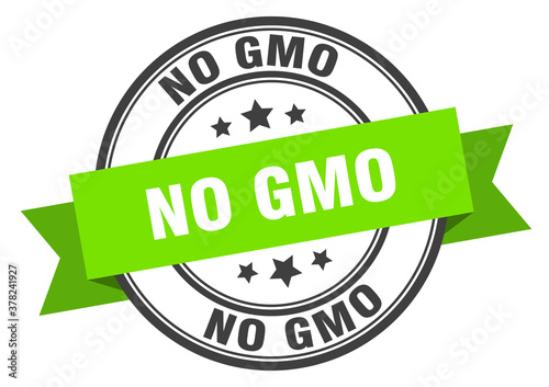 no gmo label sign. round stamp. band. ribbon