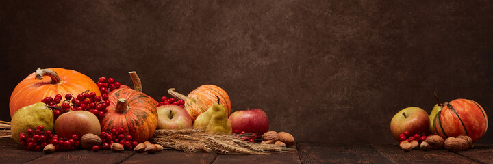 Thanksgiving extra wide panorama banner background. Autumn harvest