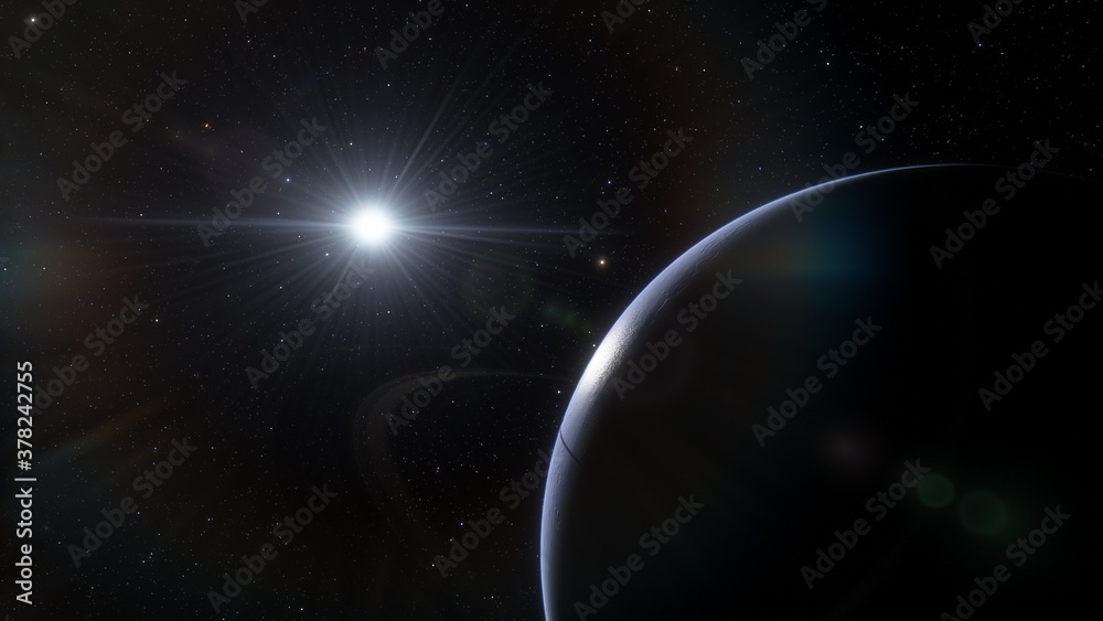 Obraz premium alien planet in space, science fiction landscape, 3d render