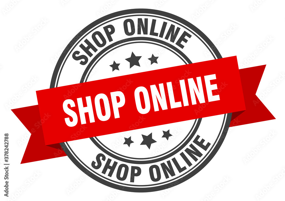 Fototapeta premium shop online label sign. round stamp. band. ribbon