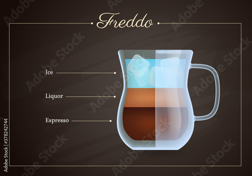 Freddo coffee drink recipe. Glass mug of hot tasty beverage on blackboard. Preparation guide with layers of ice, liquor and espresso flat design vector illustration.