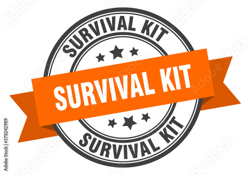 survival kit label sign. round stamp. band. ribbon