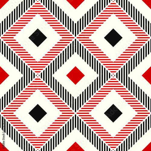 Repeated color diamonds and strokes. Ikat wallpaper. Seamless surface pattern design with rhombuses ornament. Lozenge motif. Digital paper for page fills, textile print, web designing. Ethnic vector.