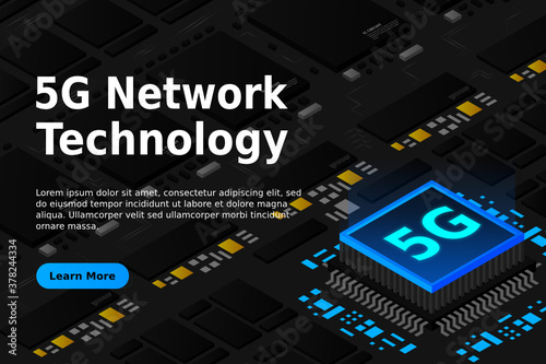 5G network processor illustration. Mobile wireless internet of next generation. Isometric futuristic micro chip. micro chip illustration. PC mainboard illustration background. 3D isometric hardware. 