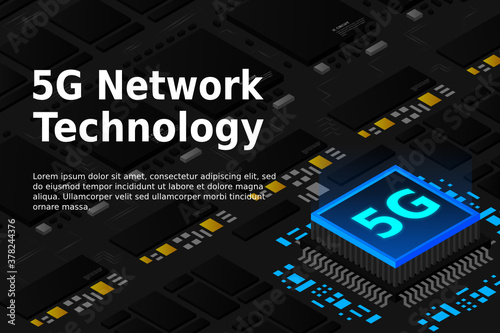 5G network processor illustration. Mobile wireless internet of next generation. Isometric futuristic micro chip. micro chip illustration. PC mainboard illustration background. 3D isometric hardware. 
