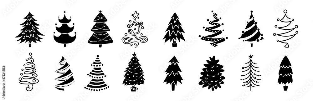 Obraz premium Collection Christmas tree black glyph. Hand drawing monochrome xmas trees cartoon set. New Year traditional design ornaments, stars or garlands. Stylized symbol for holiday flat vector illustration