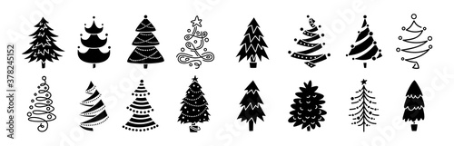 Collection Christmas tree black glyph. Hand drawing monochrome xmas trees cartoon set. New Year traditional design ornaments, stars or garlands. Stylized symbol for holiday flat vector illustration