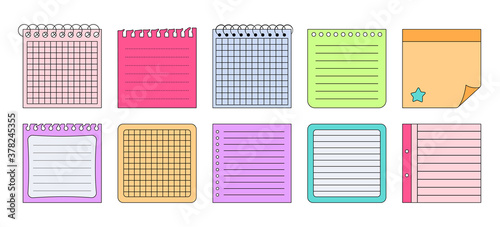 Paper stickers notes with elements planning set. Notebook outline collection notes and memo messages. Blank notepaper. Various tag business office. Isolated vector illustration