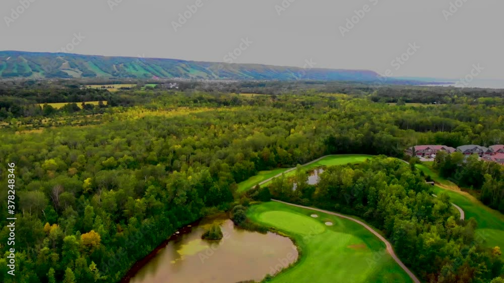 Drone Flight Over Gold Course Towards Blue Mountain in Collingwood Ontario Drone Flight Over Gold Course Towards Blue Mountain in Collingwood Ontario