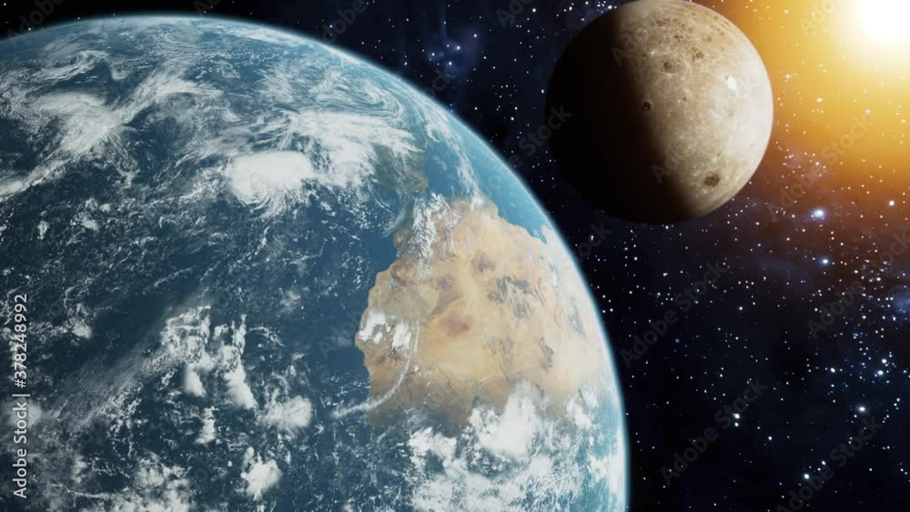 3D Render of moon rotating around planet earth while earch is rotating on its path.Elements of this image furnished by NASA..