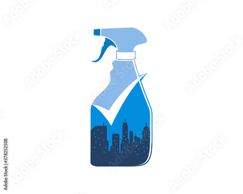 Cleaning spray with city building inside