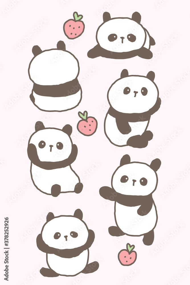 Vector Illustration of Cute Cartoon Panda and Strawberry on Isolated Background. Set of Cartoon Panda Characters. Vector Illustration of Cute Cartoon Panda and Strawberry on Isolated Background. Set of Cartoon Panda Characters.