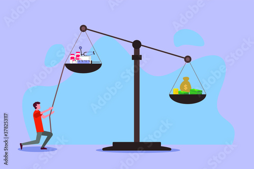 Expensive health cost vector concept: Man trying to pull and balancing a scale with drugs and money
