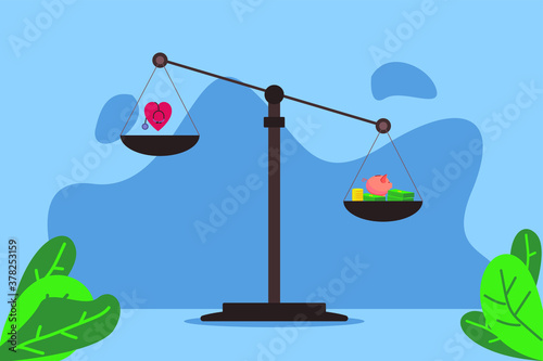 Expensive health cost vector concept: Unbalanced scale with heart symbol, piggy bank, and money