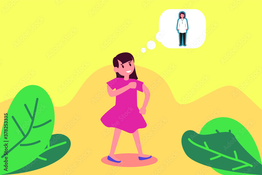 Dream future vector concept: Little schoolgirl imagining her future dream being doctor while walking outdoor Dream future vector concept: Little schoolgirl imagining her future dream being doctor while walking outdoor