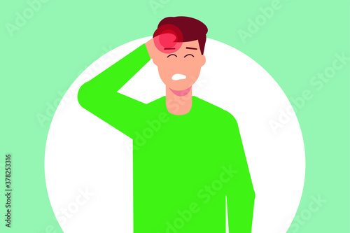 Sick vector concept: Man having a headache and touching his forehead