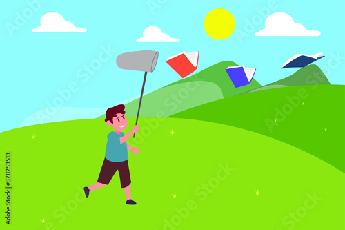 Chasing dream vector concept: Cute schoolboy chasing flying books in the meadow while holding butterfly net 