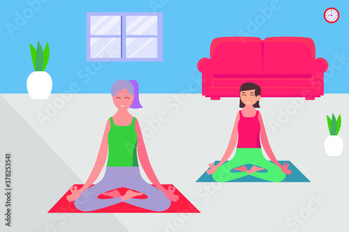 Health vector concept: Grandparent and granddaughter doing yoga exercise while sitting together on the mat in living room 