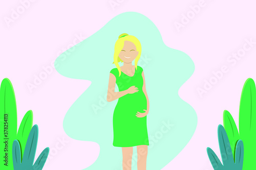 Pregnancy vector concept: Young woman pregnant feeling happy and hugging her tummy 