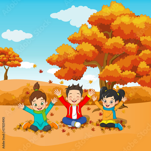 Cartoon Happy kids playing in autumn background